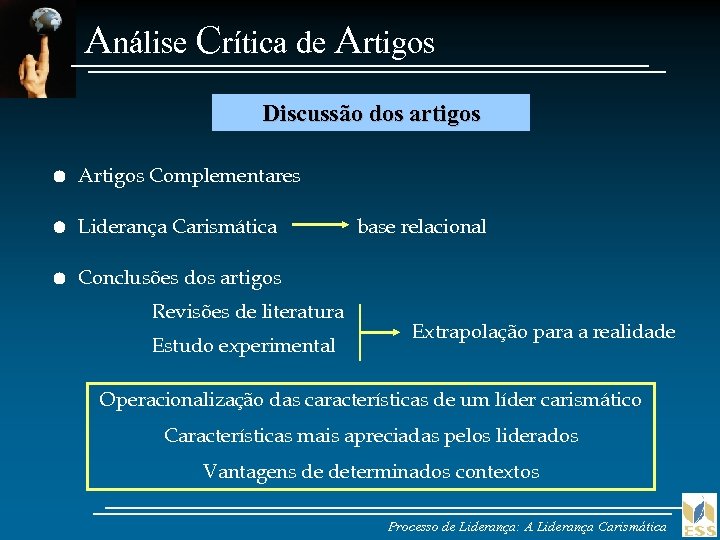 Análise Crítica de Artigos Discussão dos artigos Artigos Complementares Liderança Carismática base relacional Conclusões