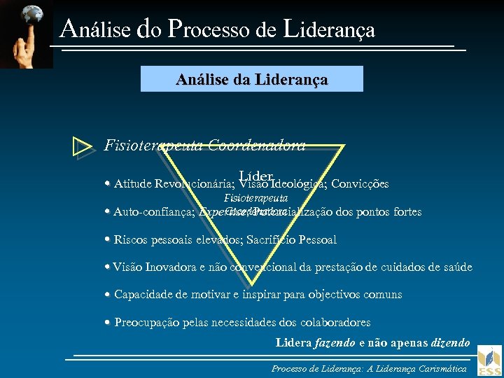 Análise do Processo de Liderança Análise da Liderança Fisioterapeuta Coordenadora Líder Atitude Revolucionária; Visão