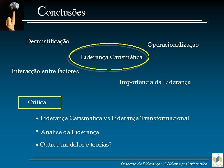 Conclusões Desmistificação Operacionalização Liderança Carismática Interacção entre factores Importância da Liderança Crítica: Liderança Carismática