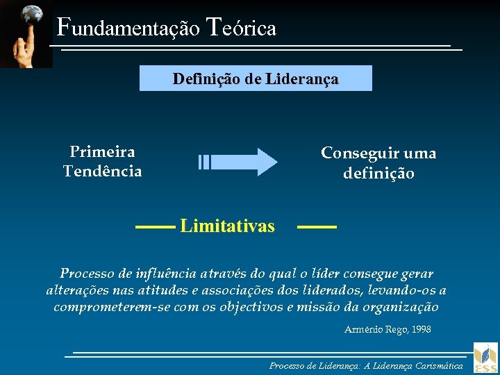 Fundamentação Teórica Definição de Liderança Primeira Tendência Conseguir uma definição Limitativas Processo de influência