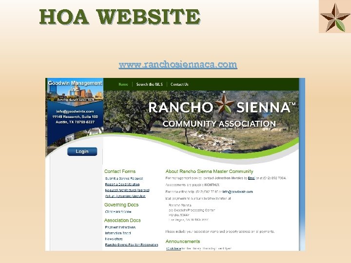 HOA WEBSITE www. ranchosiennaca. com 