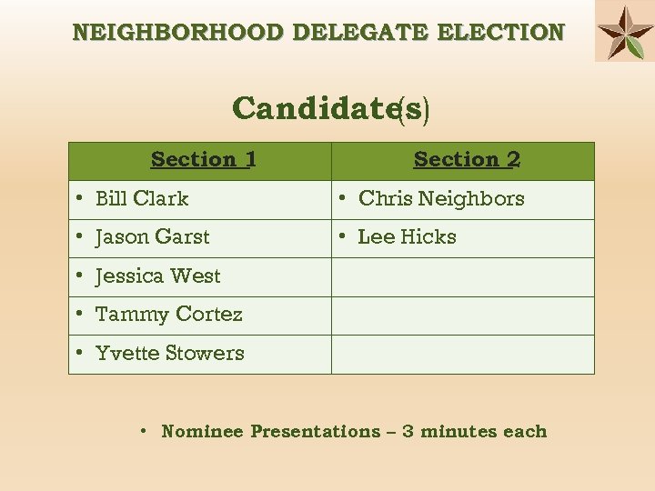 NEIGHBORHOOD DELEGATE ELECTION Candidate (s) Section 1 Section 2 • Bill Clark • Chris