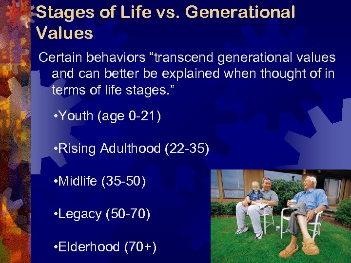 Stages of Life vs. Generational Values Certain behaviors “transcend generational values and can better