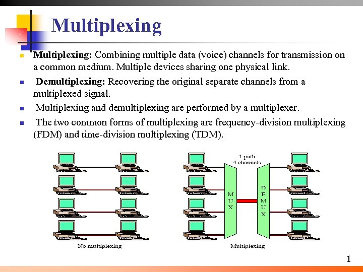 Multiplexing n n Multiplexing: Combining multiple data (voice) channels for transmission on a common
