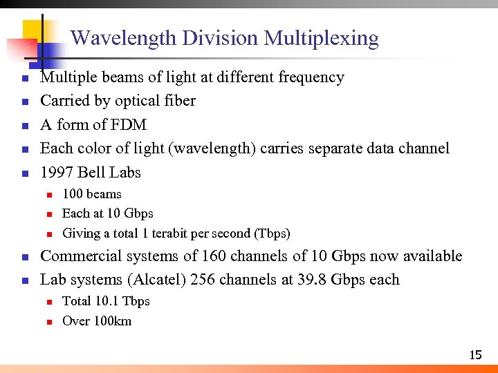 Wavelength Division Multiplexing n n n Multiple beams of light at different frequency Carried