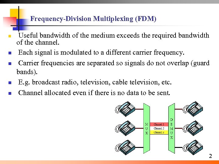 Frequency-Division Multiplexing (FDM) n n n Useful bandwidth of the medium exceeds the required
