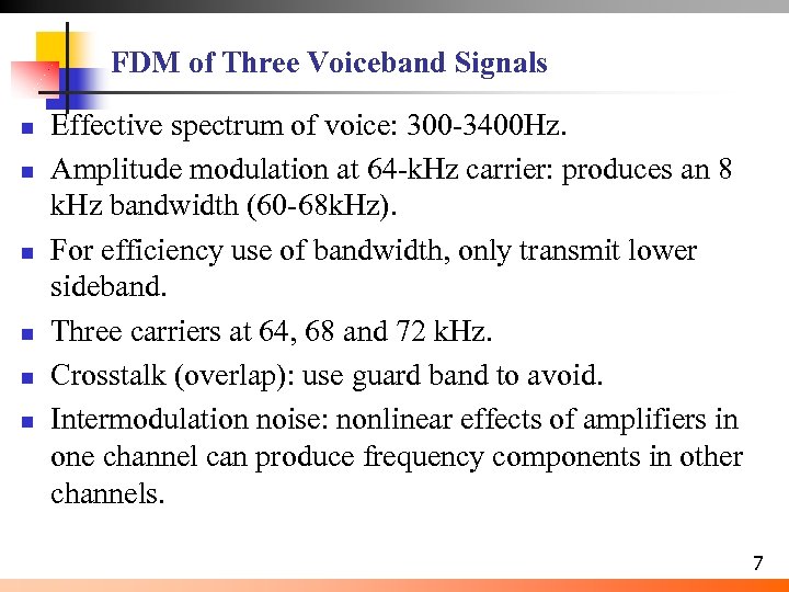 FDM of Three Voiceband Signals n n n Effective spectrum of voice: 300 -3400