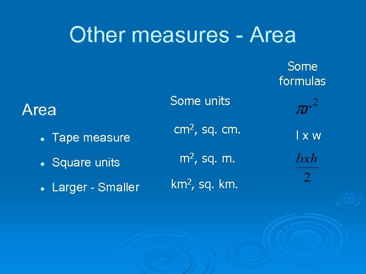 Other measures - Area Some formulas Area l Tape measure l Square units l