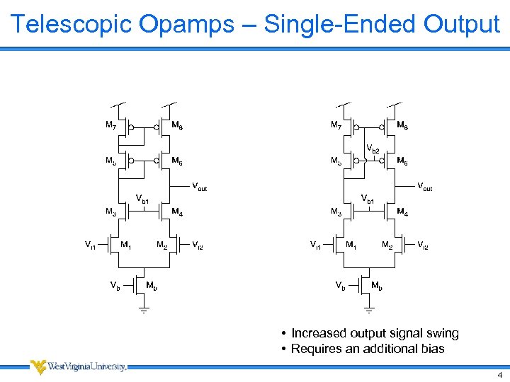 Telescopic Opamps – Single-Ended Output • Increased output signal swing • Requires an additional