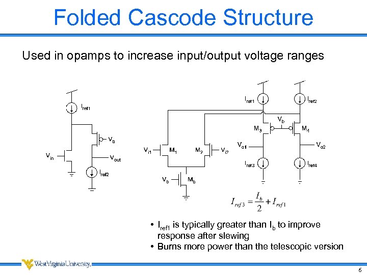 Folded Cascode Structure Used in opamps to increase input/output voltage ranges • Iref 1