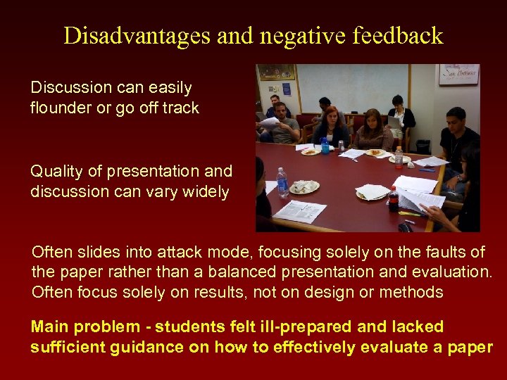 Disadvantages and negative feedback Discussion can easily flounder or go off track Quality of