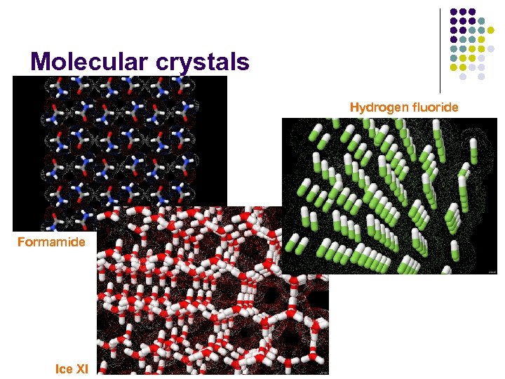 Molecular crystals Hydrogen fluoride Formamide Ice XI 