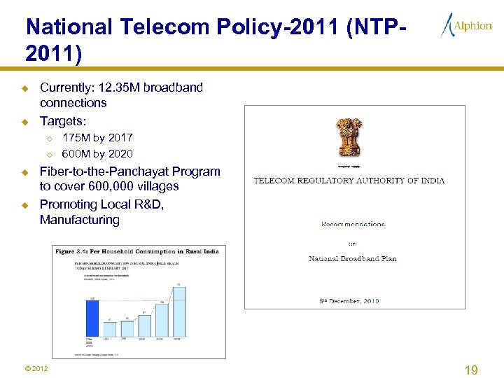 National Telecom Policy-2011 (NTP 2011) u u Currently: 12. 35 M broadband connections Targets: