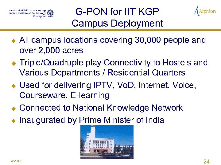 G-PON for IIT KGP Campus Deployment u u u All campus locations covering 30,