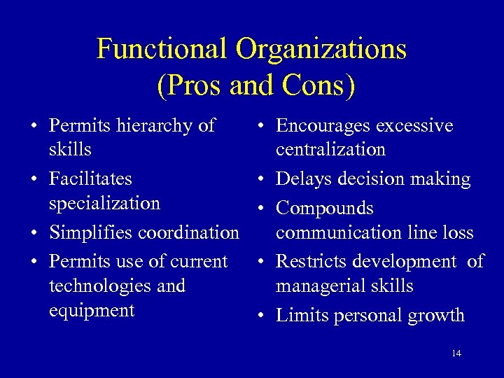 Functional Organizations (Pros and Cons) • Permits hierarchy of skills • Facilitates specialization •