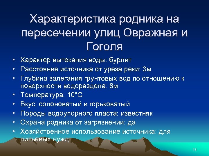 Характеристика родника на пересечении улиц Овражная и Гоголя • Характер вытекания воды: бурлит •