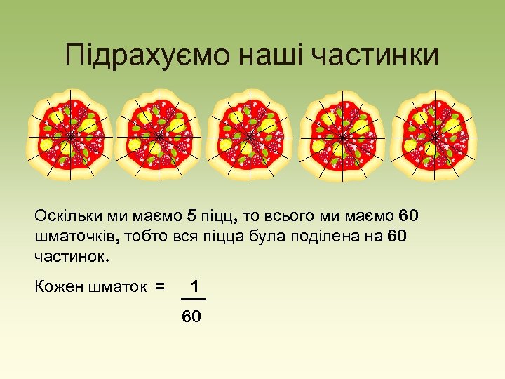 Підрахуємо наші частинки Оскільки ми маємо 5 піцц, то всього ми маємо 60 шматочків,