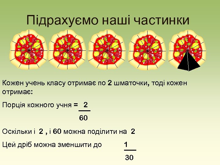 Підрахуємо наші частинки Кожен учень класу отримає по 2 шматочки, тоді кожен отримає: Порція