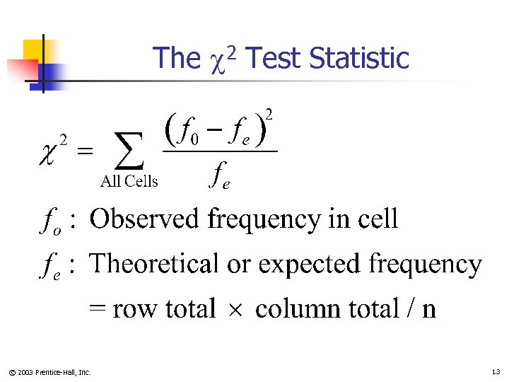 The 2 Test Statistic © 2003 Prentice-Hall, Inc. 13 