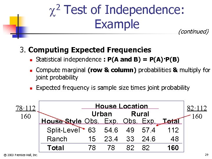  2 Test of Independence: Example (continued) 3. Computing Expected Frequencies n n n