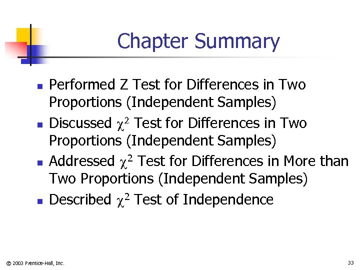 Chapter Summary n n Performed Z Test for Differences in Two Proportions (Independent Samples)