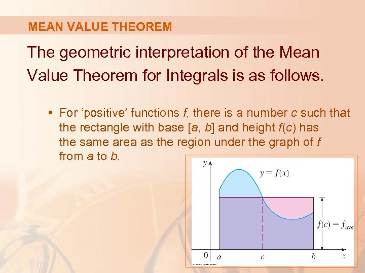 MEAN VALUE THEOREM The geometric interpretation of the Mean Value Theorem for Integrals is