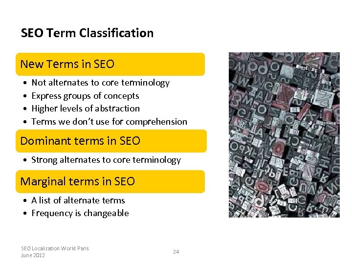 SEO Term Classification New Terms in SEO • • Not alternates to core terminology