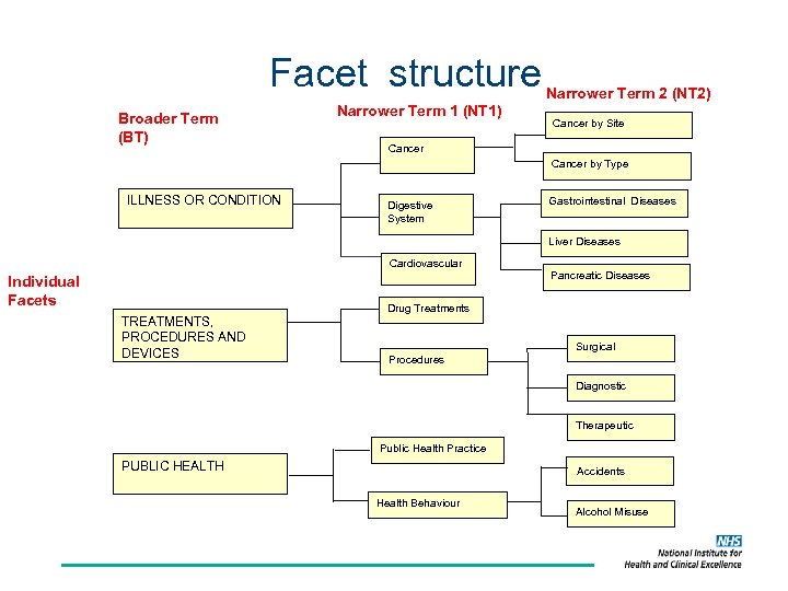 Facet structure Broader Term (BT) Narrower Term 1 (NT 1) Narrower Term 2 (NT