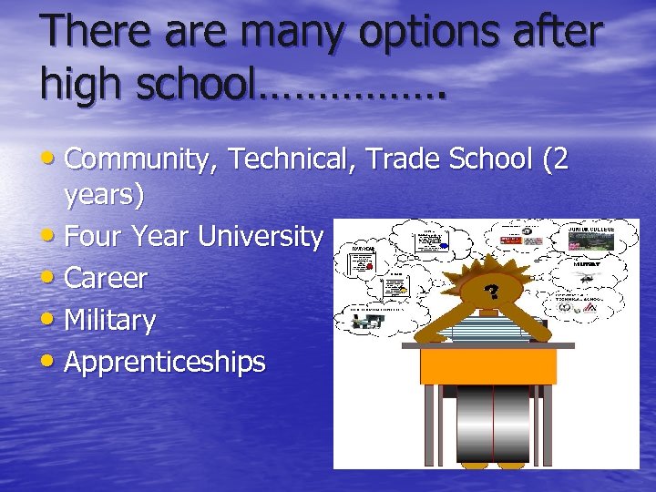 There are many options after high school……………. • Community, Technical, Trade School (2 years)