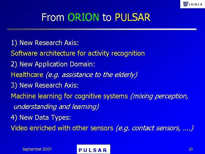 From ORION to PULSAR 1) New Research Axis: Software architecture for activity recognition 2)