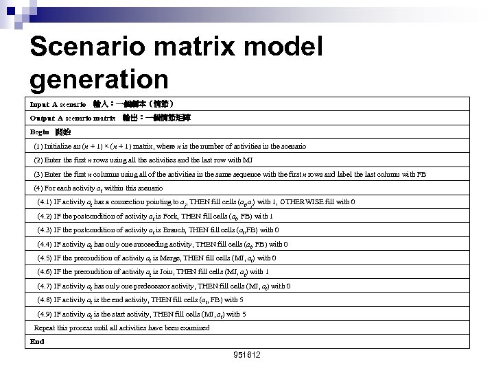 Scenario matrix model generation Input: A scenario　輸入：一個劇本（情節） Output: A scenario matrix　輸出：一個情節矩陣 Begin　開始 (1) Initialize