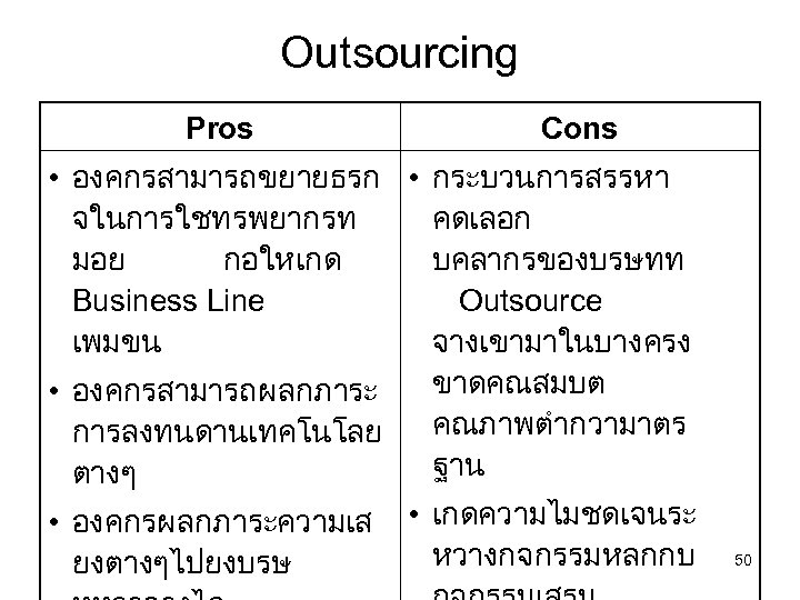 Outsourcing Pros Cons • องคกรสามารถขยายธรก • กระบวนการสรรหา จในการใชทรพยากรท คดเลอก มอย กอใหเกด บคลากรของบรษทท Business Line