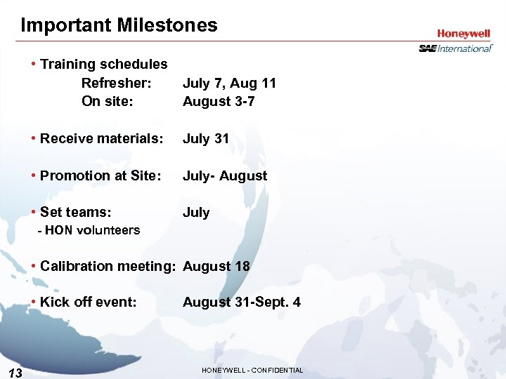 Important Milestones • Training schedules Refresher: July 7, Aug 11 On site: August 3