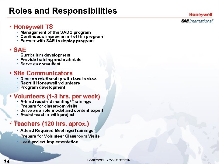 Roles and Responsibilities • Honeywell TS - Management of the SADC program - Continuous