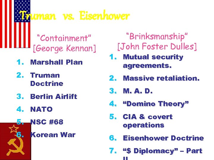 Truman vs. Eisenhower “Containment” [George Kennan] 1. Marshall Plan 2. Truman Doctrine 3. Berlin