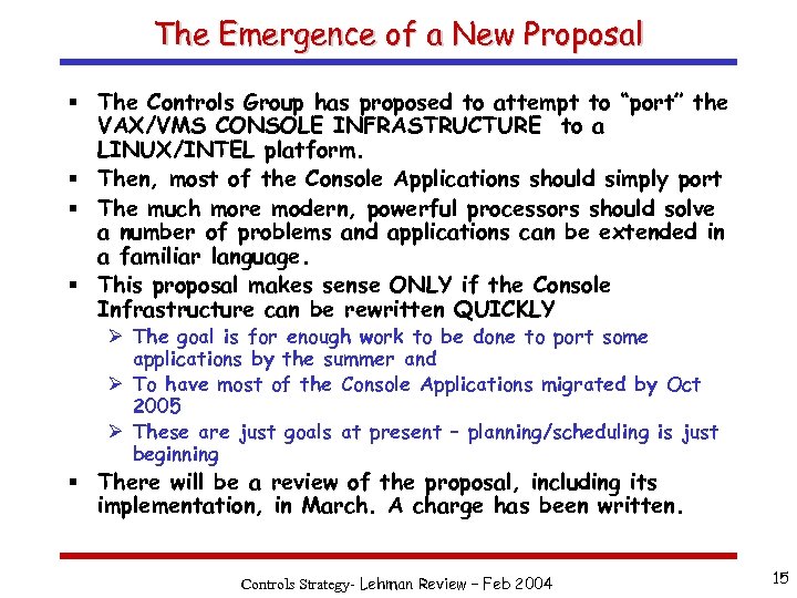 The Emergence of a New Proposal § The Controls Group has proposed to attempt