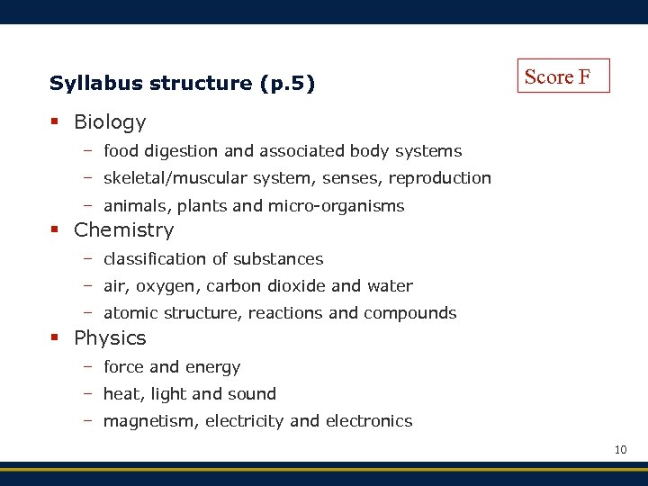 Syllabus structure (p. 5) Score F § Biology – food digestion and associated body