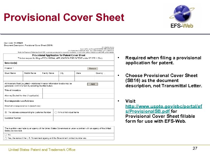 Provisional Cover Sheet • • Choose Provisional Cover Sheet (SB 16) as the document