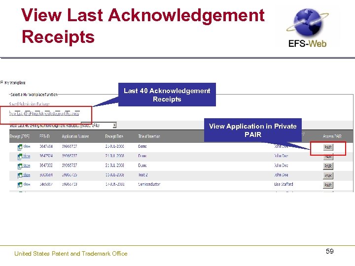 View Last Acknowledgement Receipts Last 40 Acknowledgement Receipts View Application in Private PAIR United