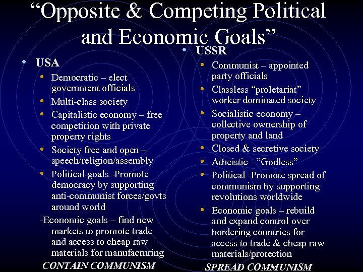 “Opposite & Competing Political and Economic Goals” • USSR • USA • Democratic –