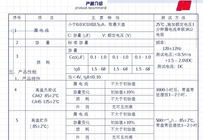 序号 1 2 主 要 特 性 测 试 方 法 漏 电 流