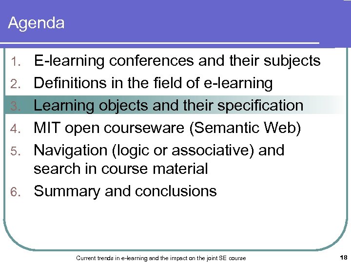 Agenda 1. 2. 3. 4. 5. 6. E-learning conferences and their subjects Definitions in