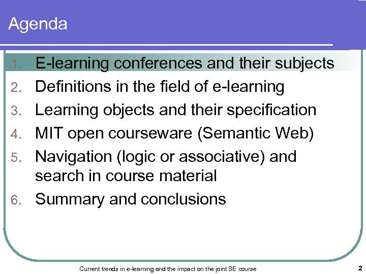 Agenda 1. 2. 3. 4. 5. 6. E-learning conferences and their subjects Definitions in