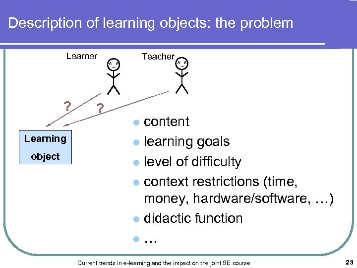 Description of learning objects: the problem Learner Teacher ^_^ ? ? ^_^ content l