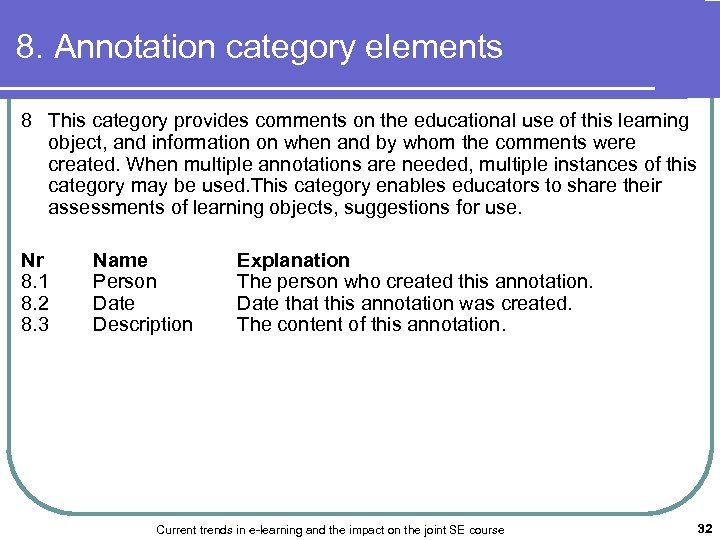 8. Annotation category elements 8 This category provides comments on the educational use of