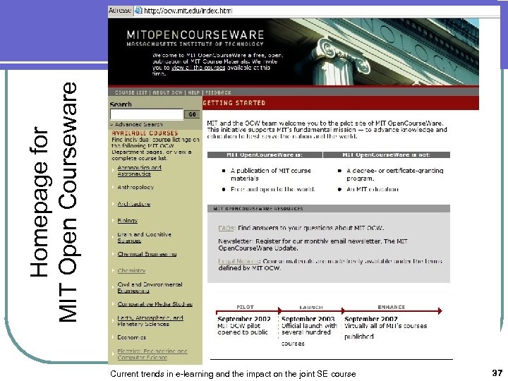 Homepage for MIT Open Courseware Current trends in e-learning and the impact on the