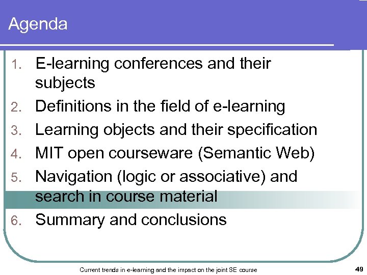 Agenda 1. 2. 3. 4. 5. 6. E-learning conferences and their subjects Definitions in