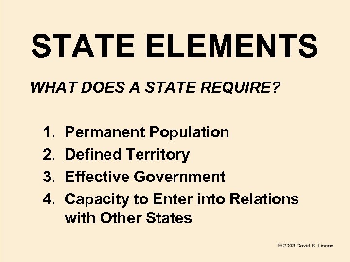 STATE ELEMENTS WHAT DOES A STATE REQUIRE? 1. 2. 3. 4. Permanent Population Defined