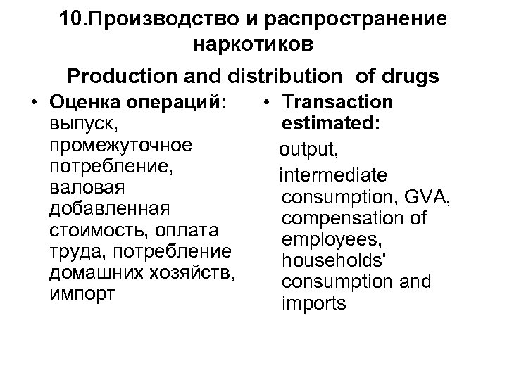 10. Производство и распространение наркотиков Production and distribution of drugs • Оценка операций: выпуск,