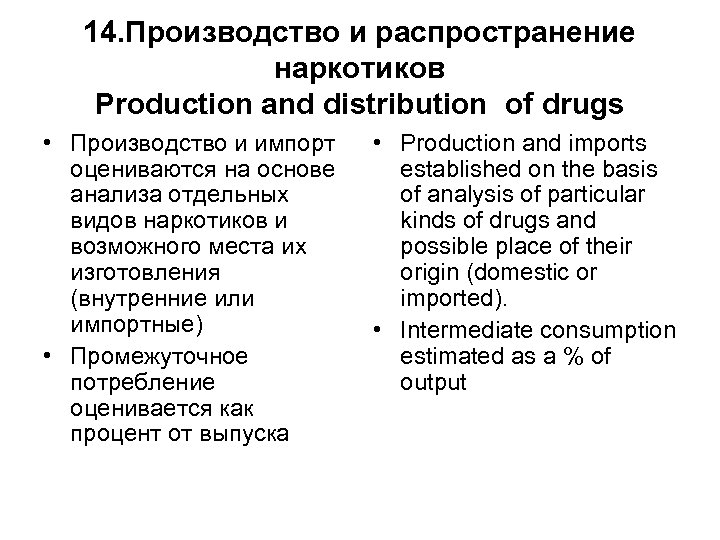 14. Производство и распространение наркотиков Production and distribution of drugs • Производство и импорт